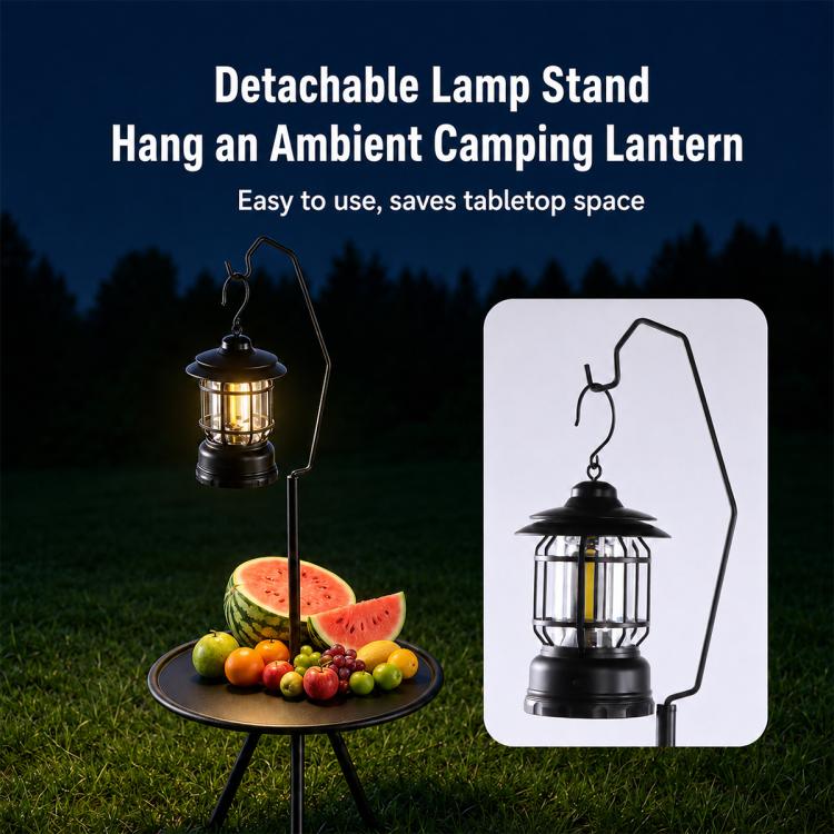 Camping side table with hanging lantern stand and round black tabletop