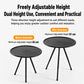 Adjustable-height camping table with round black top and three legs