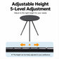 Round black camping table with 5-level height adjustment and three tapered legs
