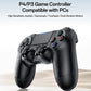 Black wireless game controller with touchpad and multi-color face button icons.