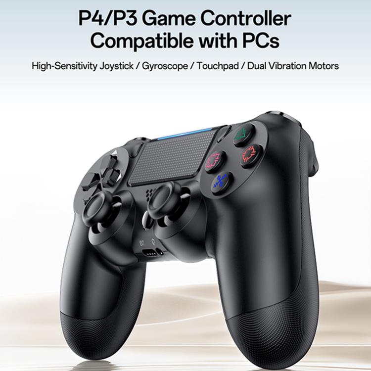 Black wireless game controller with touchpad and multi-color face button icons.