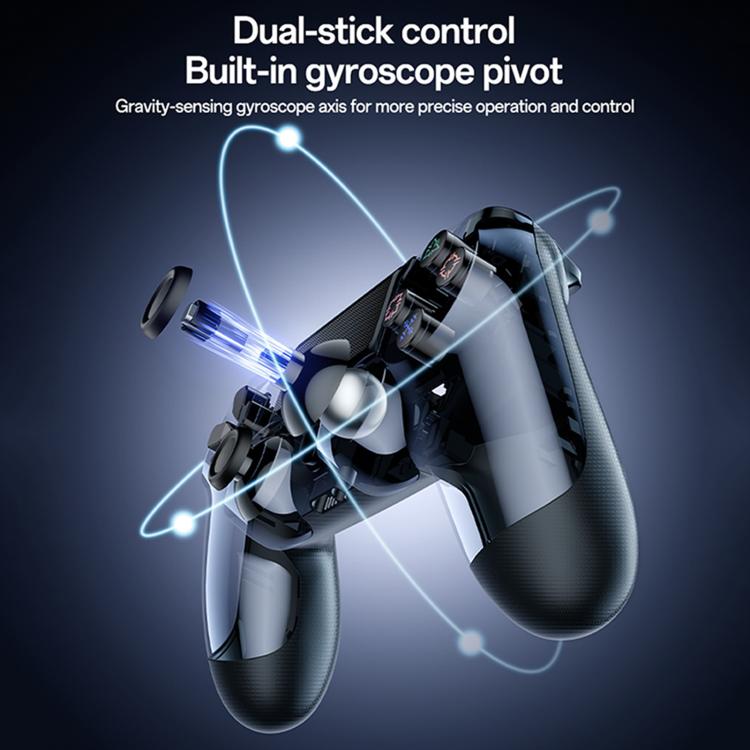 Black wireless controller with dual thumbsticks and gyroscope pivot design.