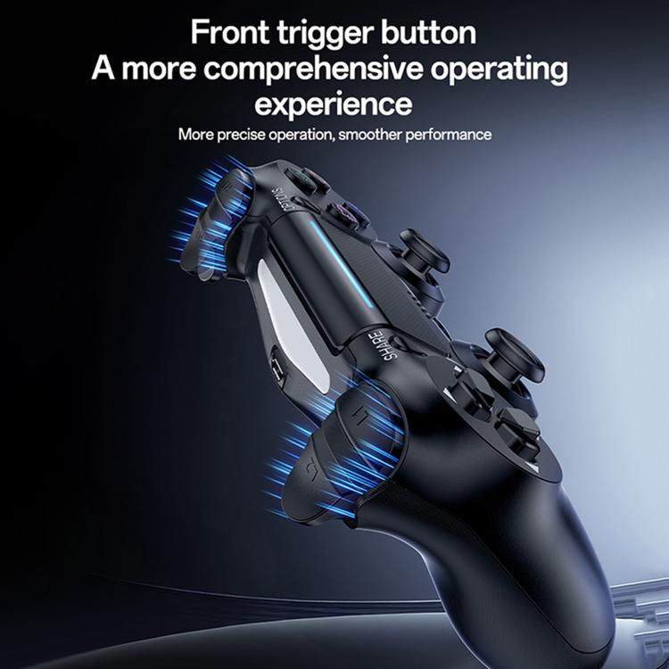 Black wireless game controller with front trigger buttons and textured hand grips.