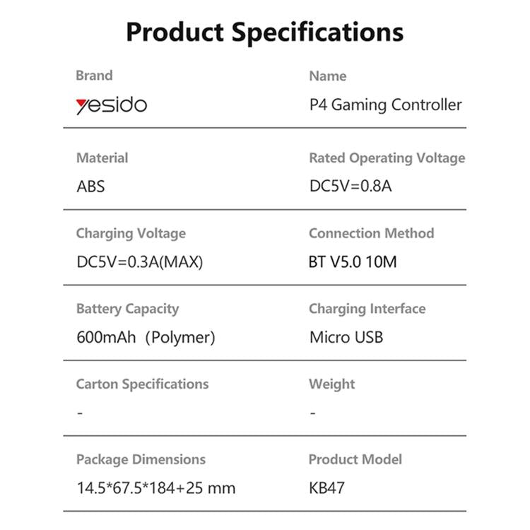 Wireless game controller product specifications list with key model and battery details.