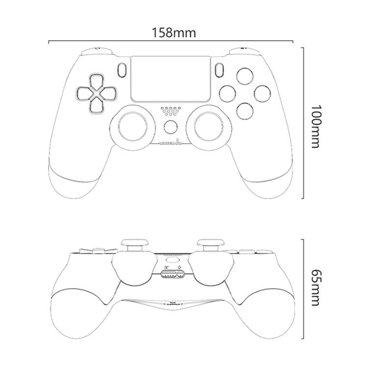 White outline diagram of a wireless game controller with thumbsticks and buttons.