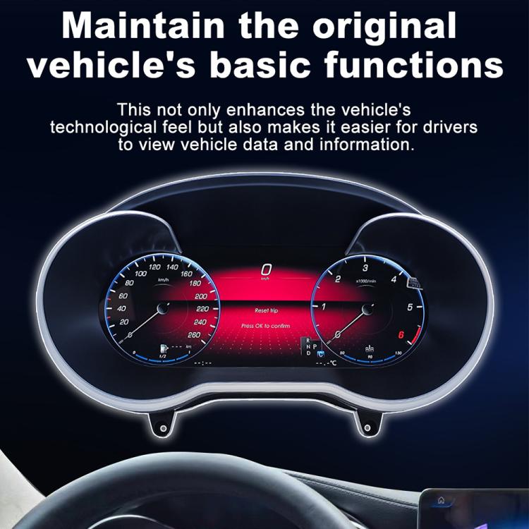 Car digital gauge cluster display with red-lit dials and central odometer screen