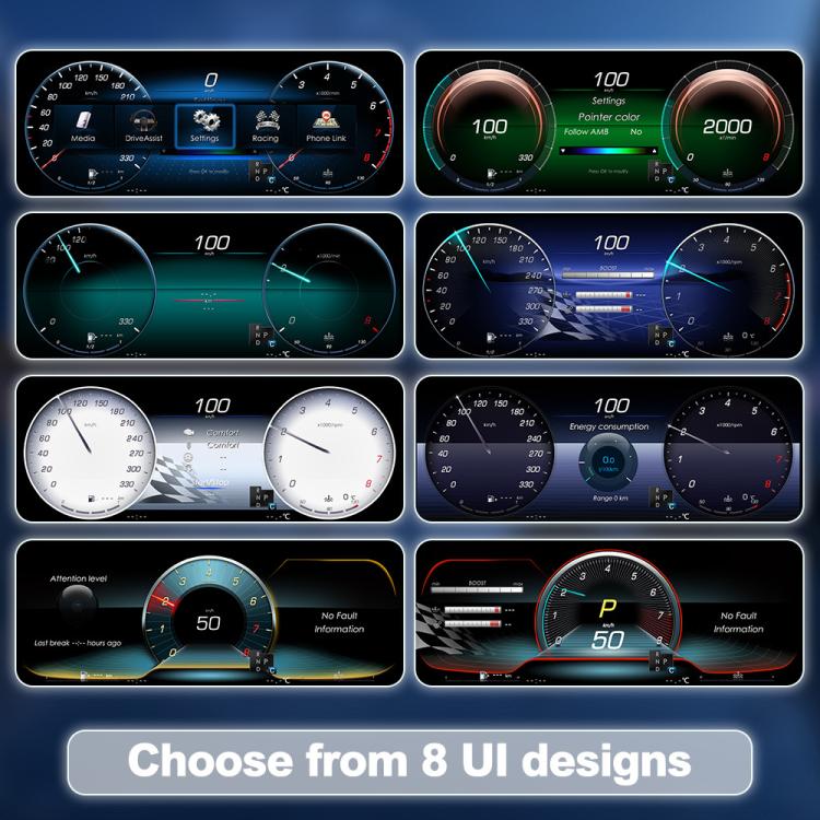 Car digital odometer and speedometer cluster showing multiple UI theme layouts