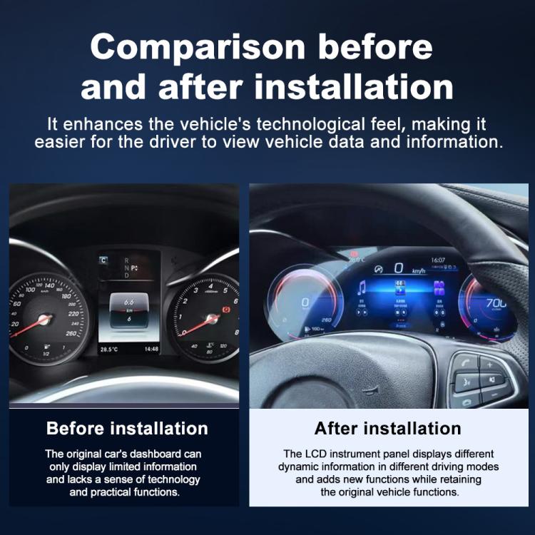 Car dashboard comparison showing digital instrument cluster before and after installation