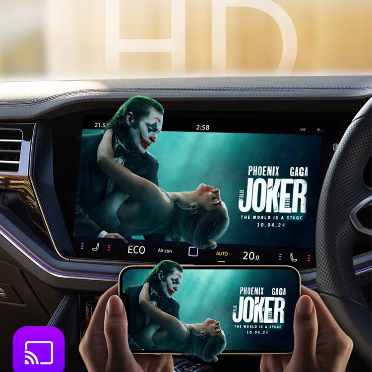 Car dashboard screen showing media playback with two touchscreen displays