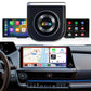 Car smart box with ring logo, shown with dashboard screens for wireless CarPlay/Android Auto