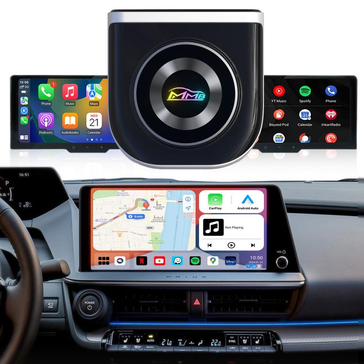 Car smart box with ring logo, shown with dashboard screens for wireless CarPlay/Android Auto