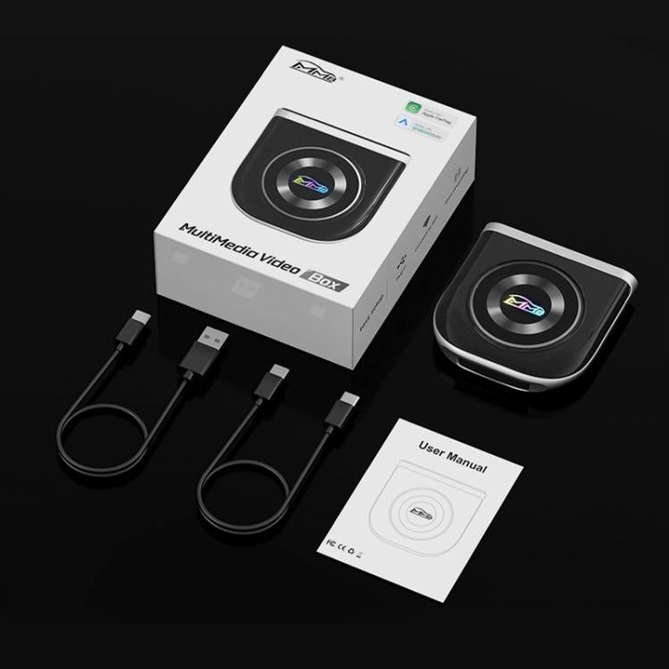 Car multimedia adapter kit with black wireless receiver, cables, and user manual