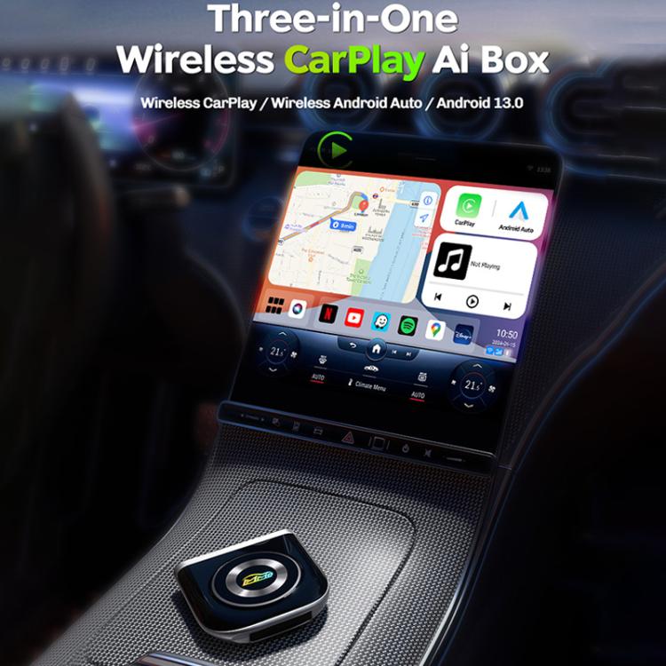 Wireless car smart box and small puck accessory on textured car surface