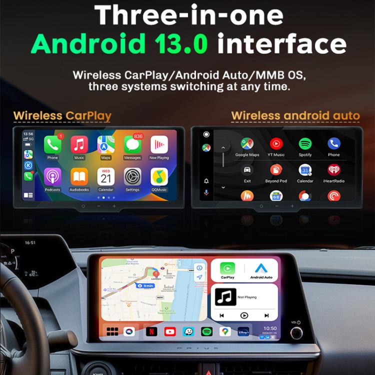 Car smart box shown with dashboard screens for Android interface and wireless CarPlay/Android Auto
