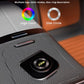 Car smart box module with glowing logo ring on textured dashboard insert