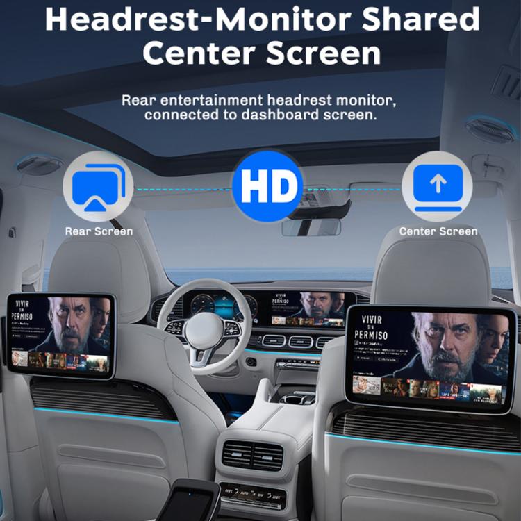 Car interior with multiple screens for shared headrest monitor from center screen