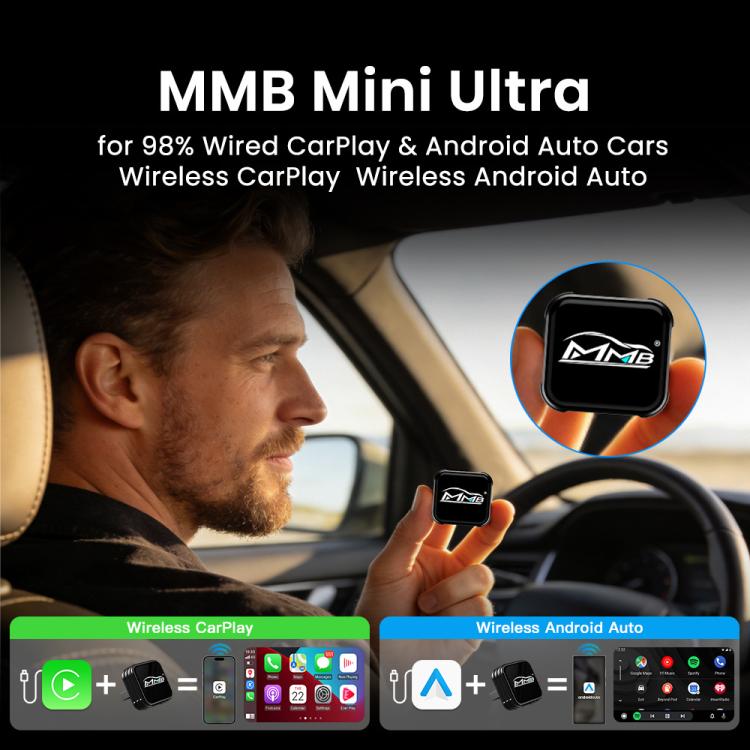 Mini wireless car adapter box with MMB logo shown near the steering wheel
