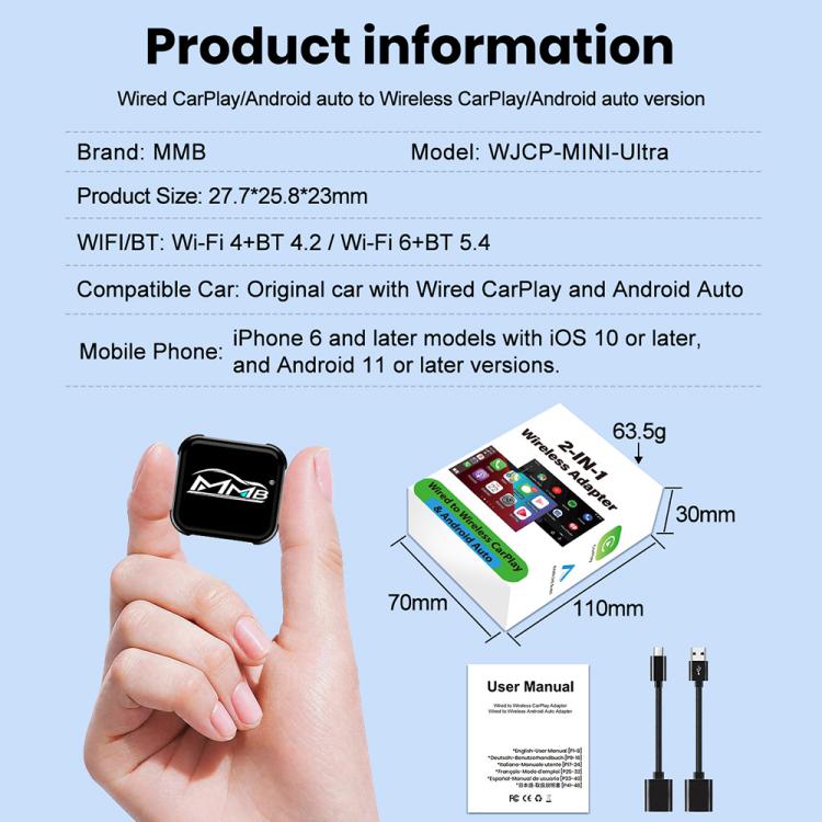 Black 2-in-1 car smart box adapter with phone, USB cables, and size diagram