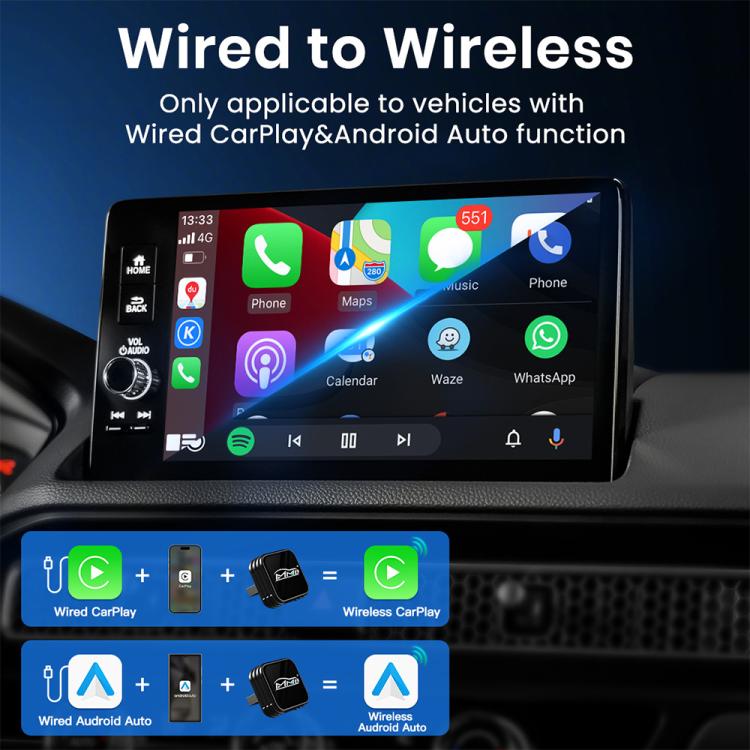 Black mini car adapter box with MMB logo shown for wired-to-wireless setup