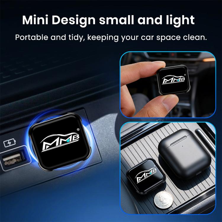 Compact mini black car adapter box with MMB logo, shown on a dashboard console