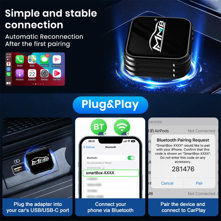 Black mini car adapter box with MMB logo during plug-and-play connection