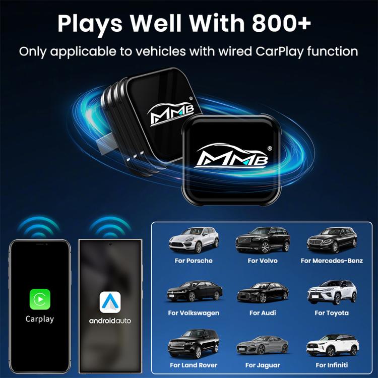 Black mini car adapter box with MMB logo, wireless CarPlay setup overview