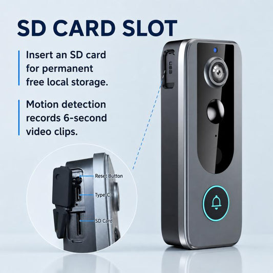 Black wireless video doorbell with visible side ports and SD card slot panel