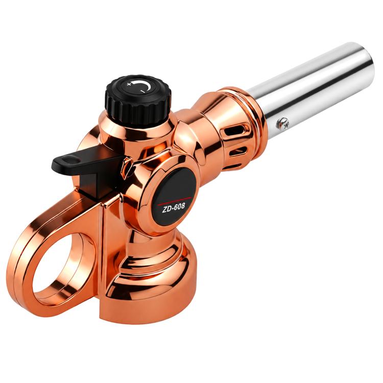 Copper gas flamethrower nozzle with black flame control knob and silver tube