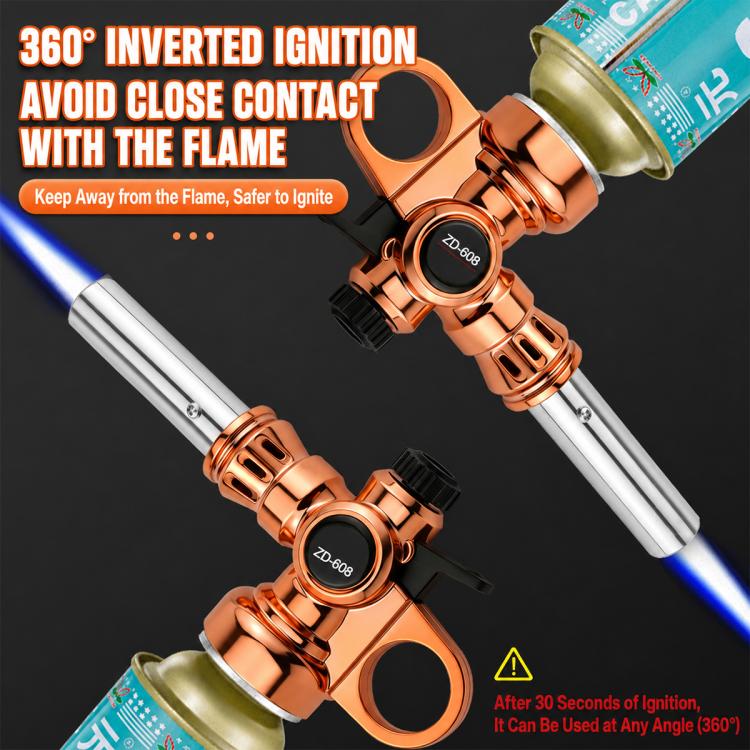 Copper inverted ignition gas flamethrower nozzle with green gas canister and silver tube