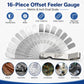 Offset feeler gauge set with 16 stainless steel blades and dual-scale measuring range