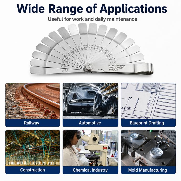 Offset feeler gauge with wide-range fan blades and central pivot for gap measurement
