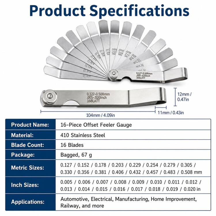 Offset feeler gauge with 16 stainless steel blades and product specifications panel