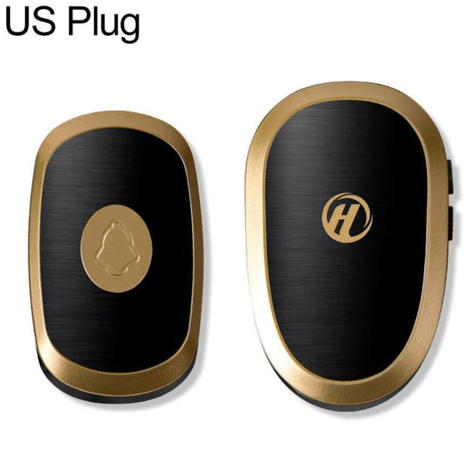 Wireless doorbell chime in black with gold trim, two units shown with bell button icon