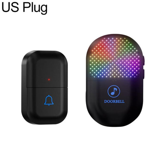 Wireless doorbell chime set with colorful LED ring, black housing and bell icon indicator