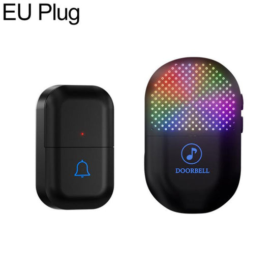 Wireless doorbell chime set with colorful LED ring, black housing and bell icon indicator