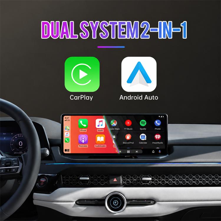 Wireless adapter box installed on car dashboard with green power icon