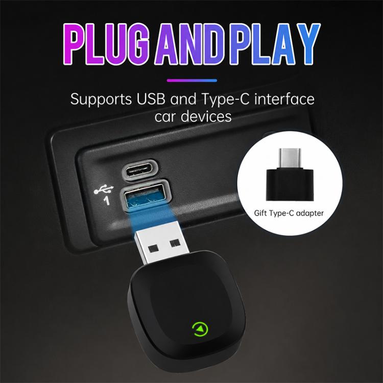 Black wireless adapter with USB plug and Type-C adapter, green power icon
