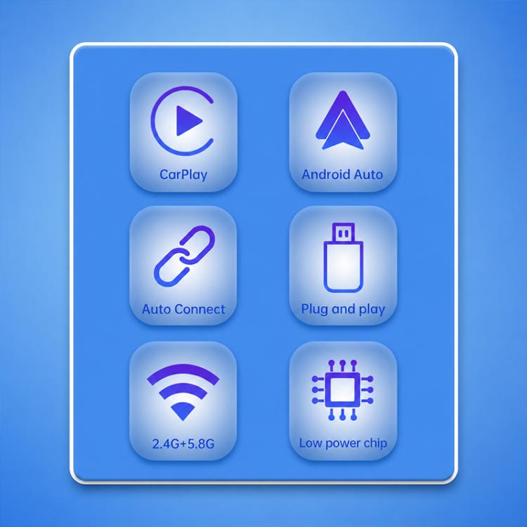 Car adapter icons showing CarPlay, Android Auto, auto connect, plug and play, 2.4G+5.8G
