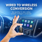Wired-to-wireless car adapter setup shown with USB adapter connected to a car screen