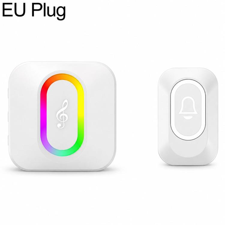 White wireless doorbell with illuminated doorbell icon, EU plug.