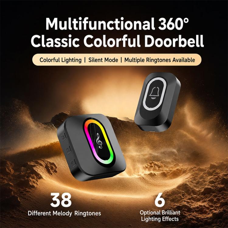 Black wireless doorbell with multicolor glowing ring and front chime icon.