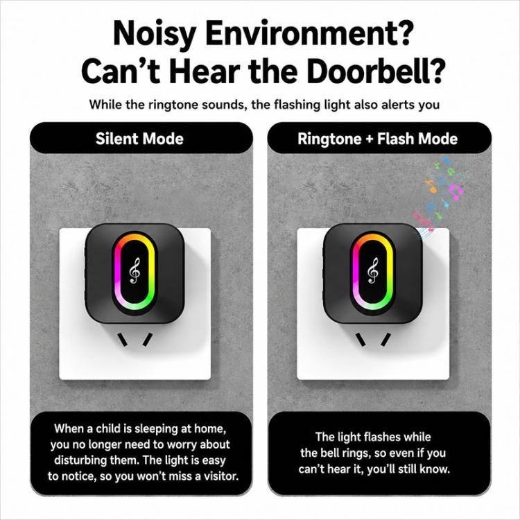 Black wireless doorbell showing glowing ring and bell icon, silent mode style.
