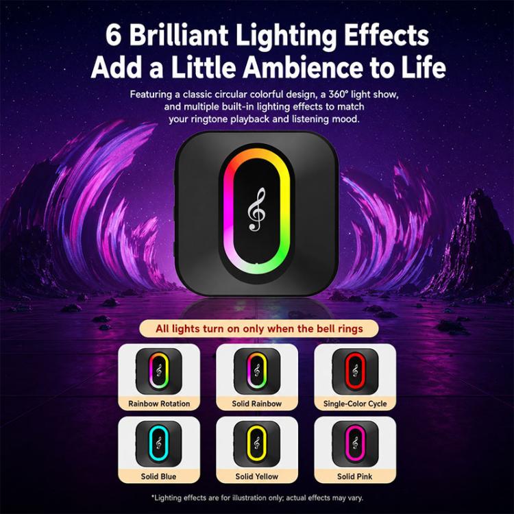 Black wireless doorbell centered with multicolor light effects behind it.