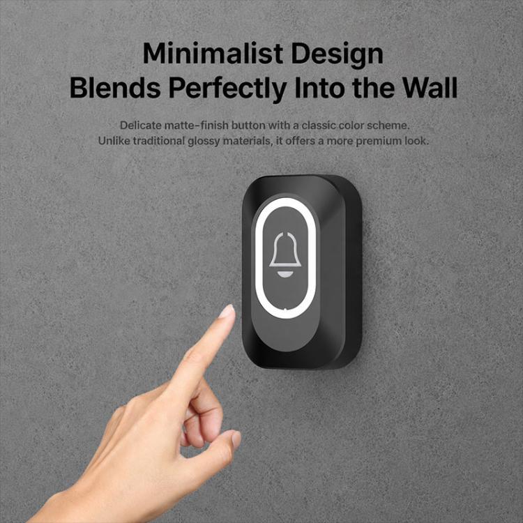 Black wireless doorbell with glowing bell icon and oval front panel.