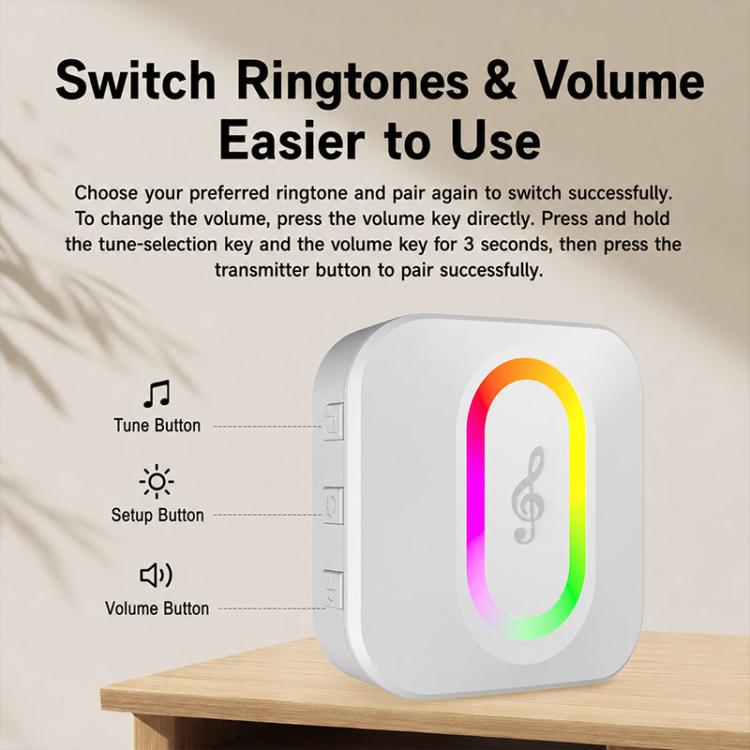 White wireless doorbell with glowing multicolor ring on a tabletop.