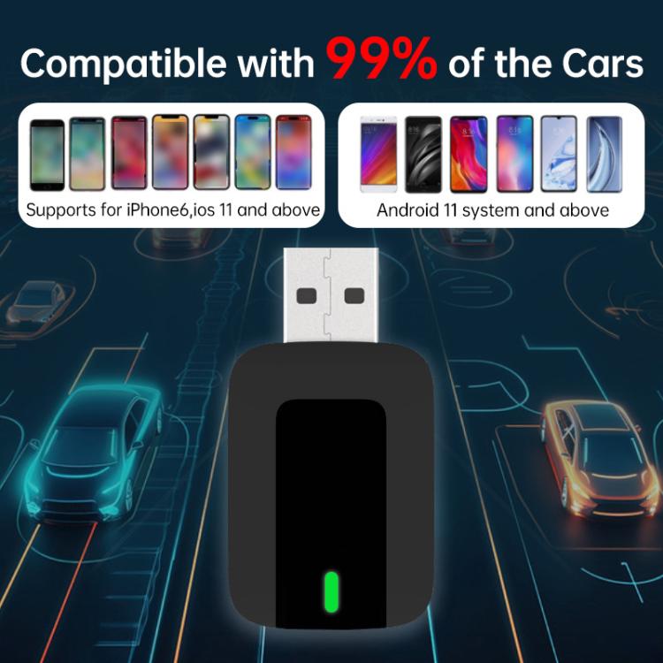 Compact dark wireless Android Auto/CarPlay adapter box with green status LED