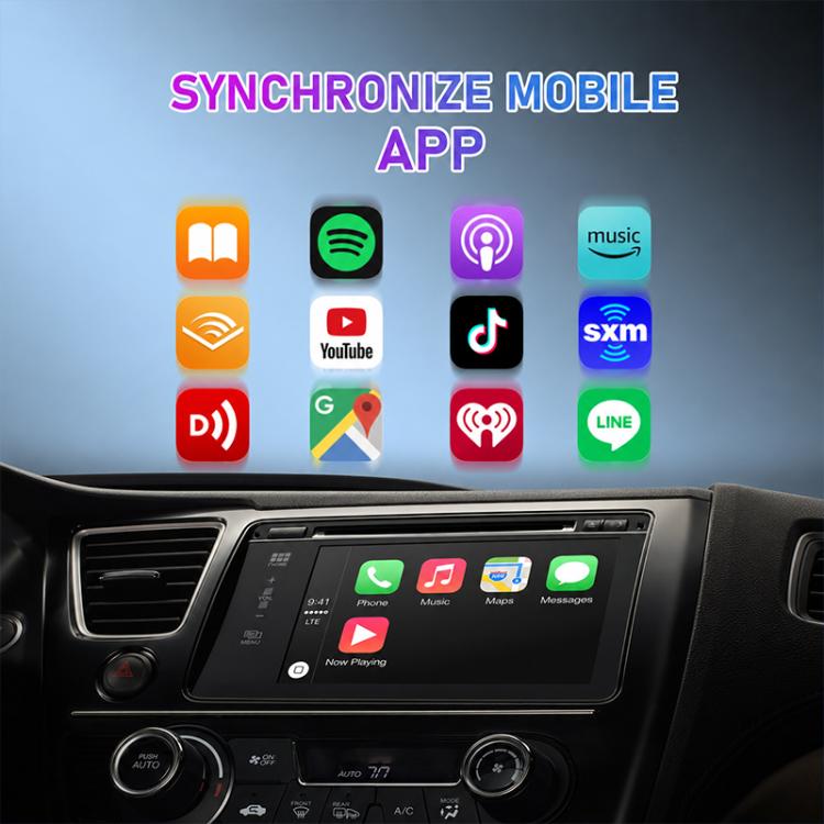 Car dashboard infotainment screen displaying synced mobile apps icons