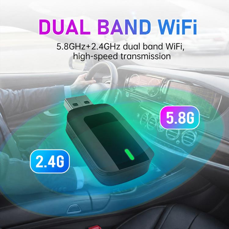 Black dual-band wireless car adapter with green light and 2.4G/5.8G Wi‑Fi overlay