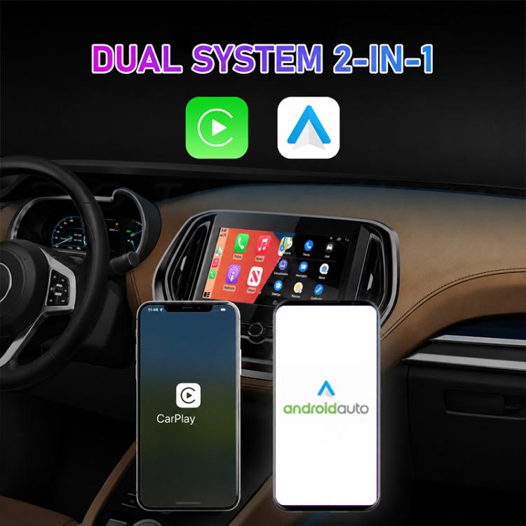 Wireless adapter shown as dual-system 2-in-1 with CarPlay and Android Auto screens
