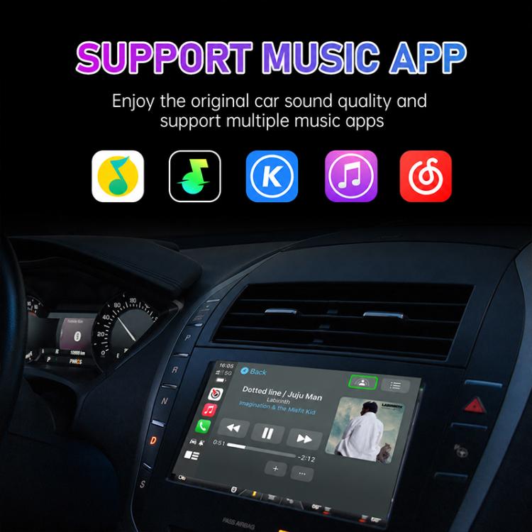 Car infotainment screen with music app icons for supported audio services